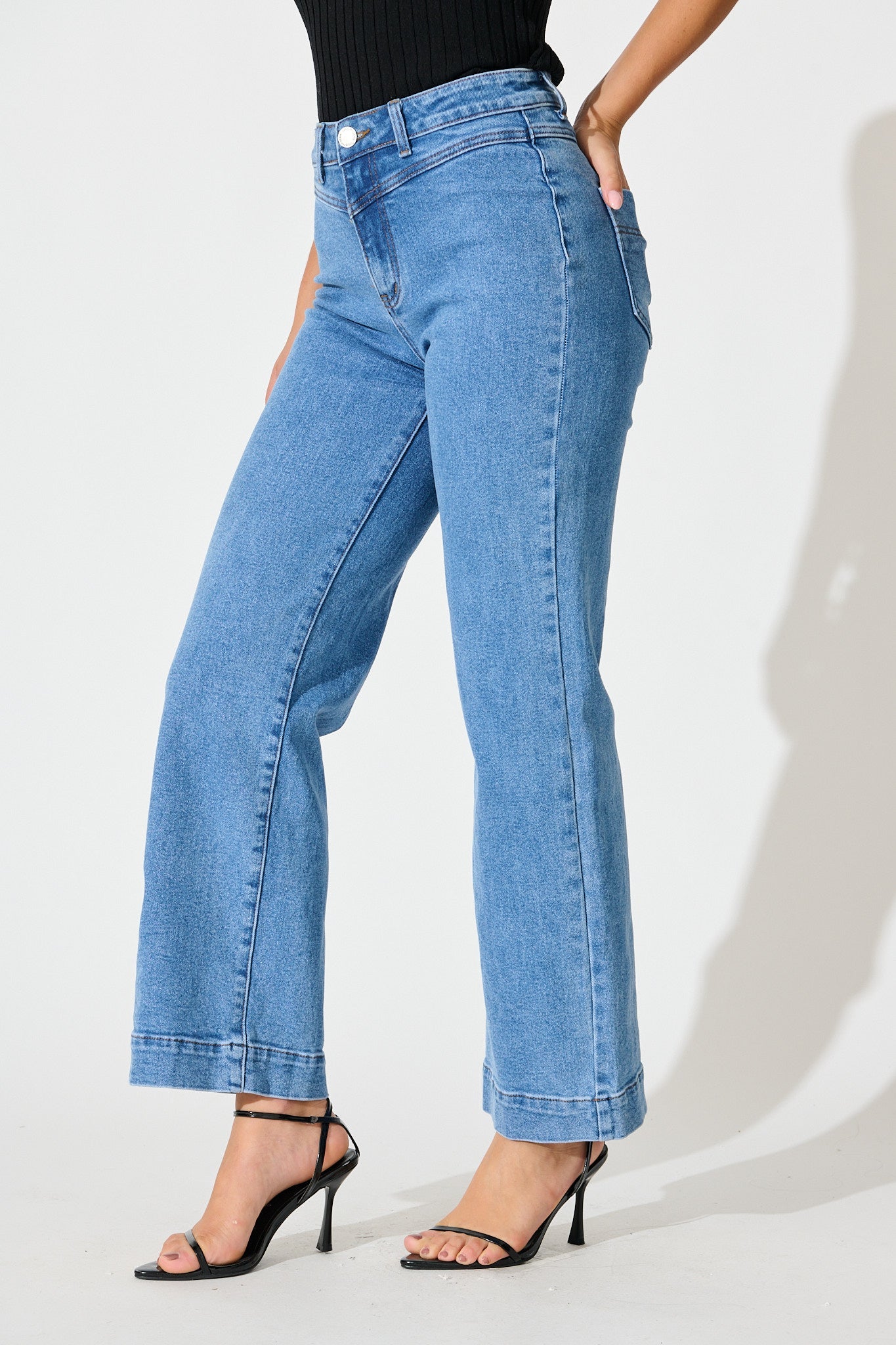 Tied Up High Rise Wide Leg Jean in Mid Blue Denim