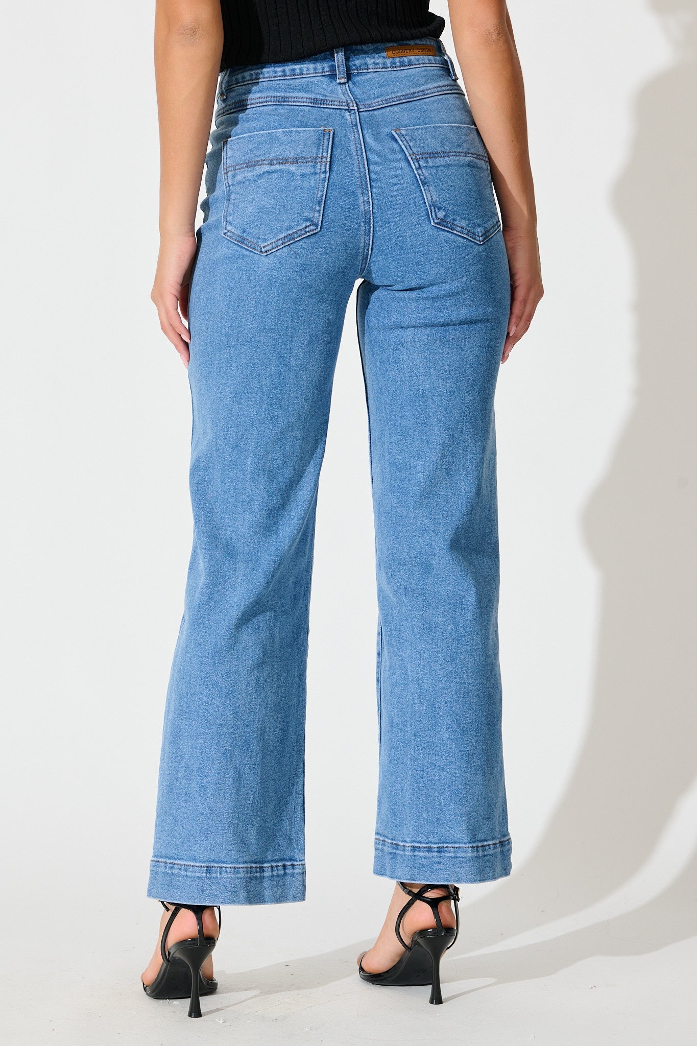Tied Up High Rise Wide Leg Jean in Mid Blue Denim