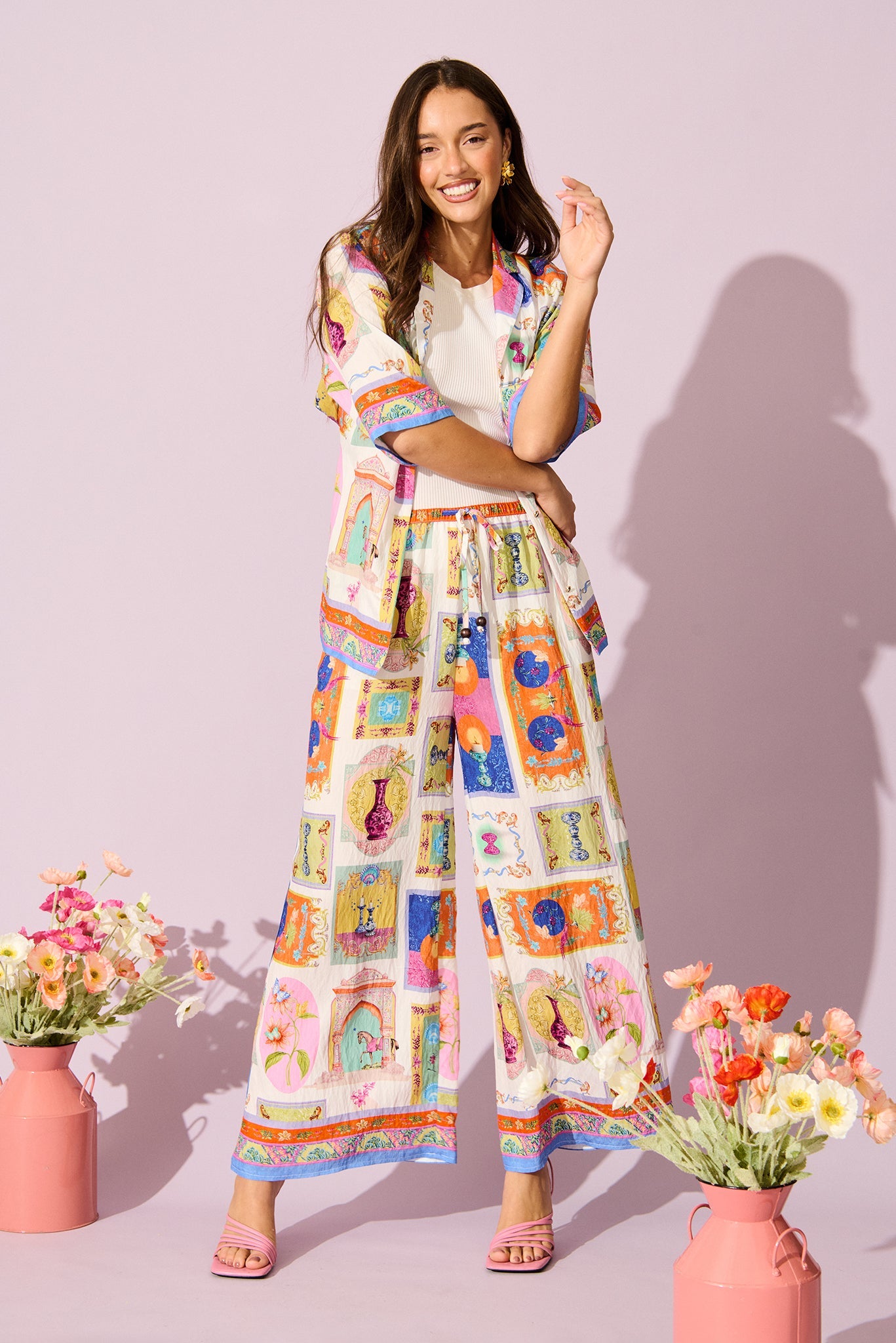 Santana Pant in Cream with Multi Conversational Print