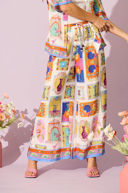Santana Pant in Cream with Multi Conversational Print