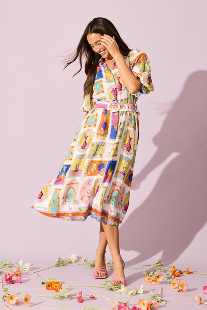 Serenity Midi Shirt Dress in Cream with Multi Conversational Print