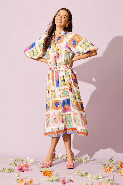 Serenity Midi Shirt Dress in Cream with Multi Conversational Print