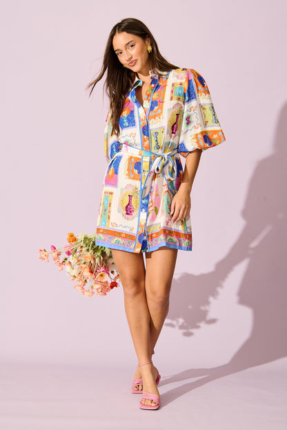 Oriella Shirt Dress in Cream with Multi Conversational Print