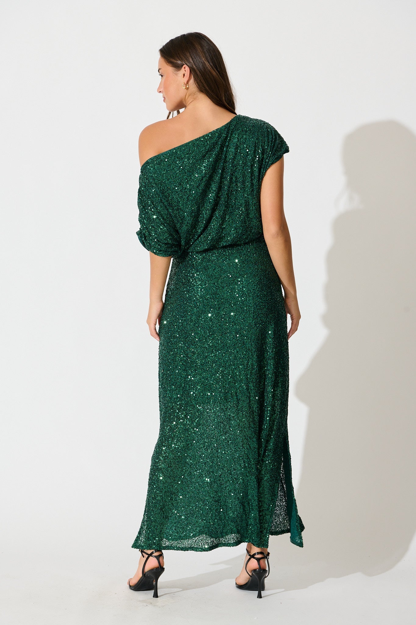 Amiri Off Shoulder Maxi Dress in Emerald Sequin