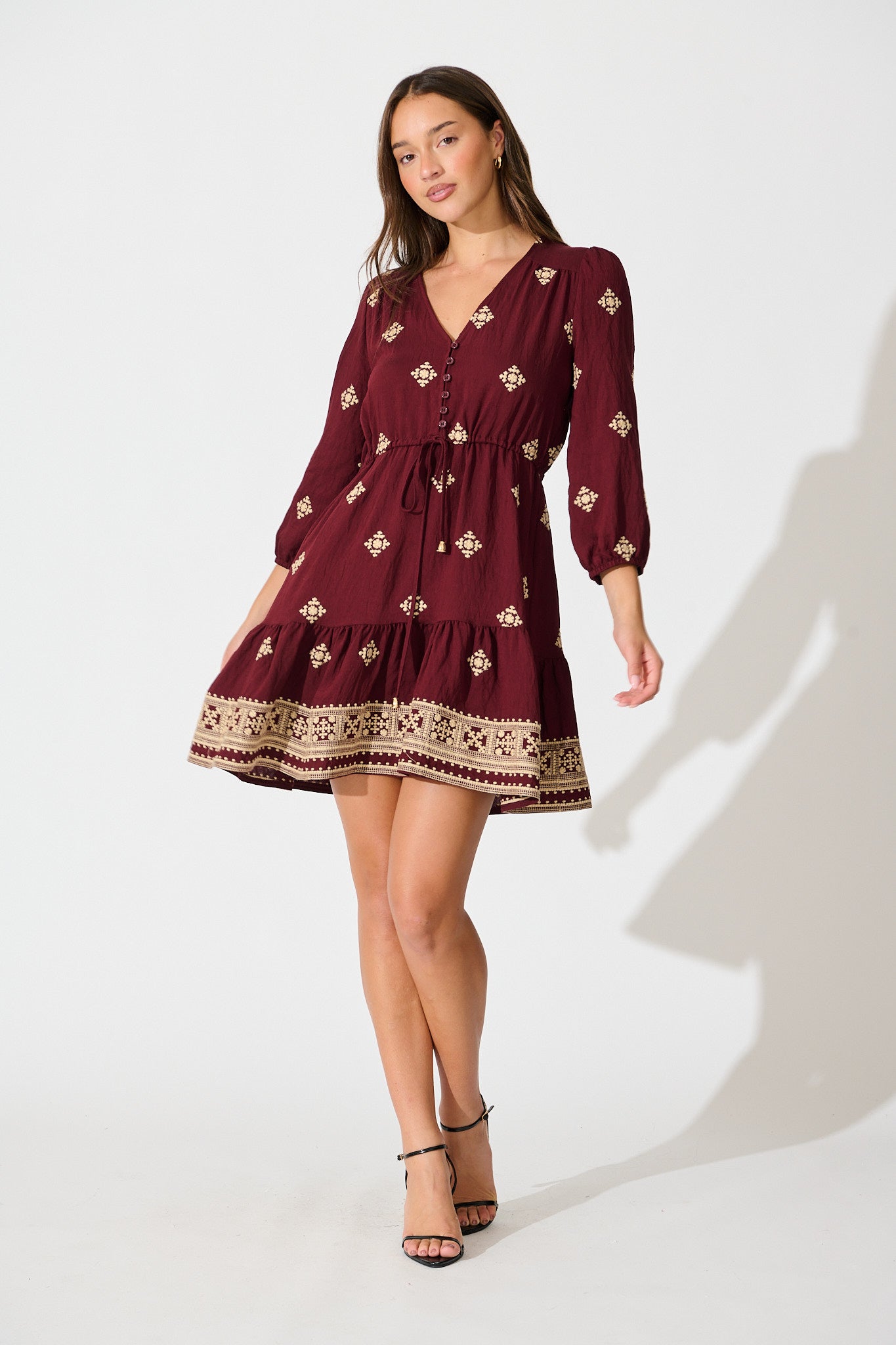 Byron Dress in Wine with Cream Embroidery