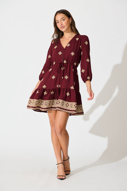 Byron Dress in Wine with Cream Embroidery