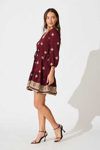 Byron Dress in Wine with Cream Embroidery