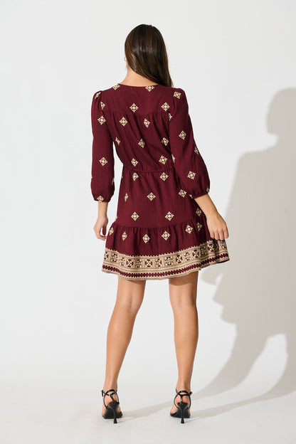 Byron Dress in Wine with Cream Embroidery