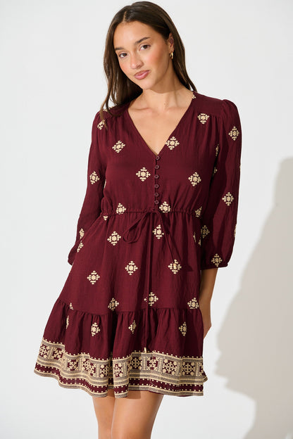 Byron Dress in Wine with Cream Embroidery
