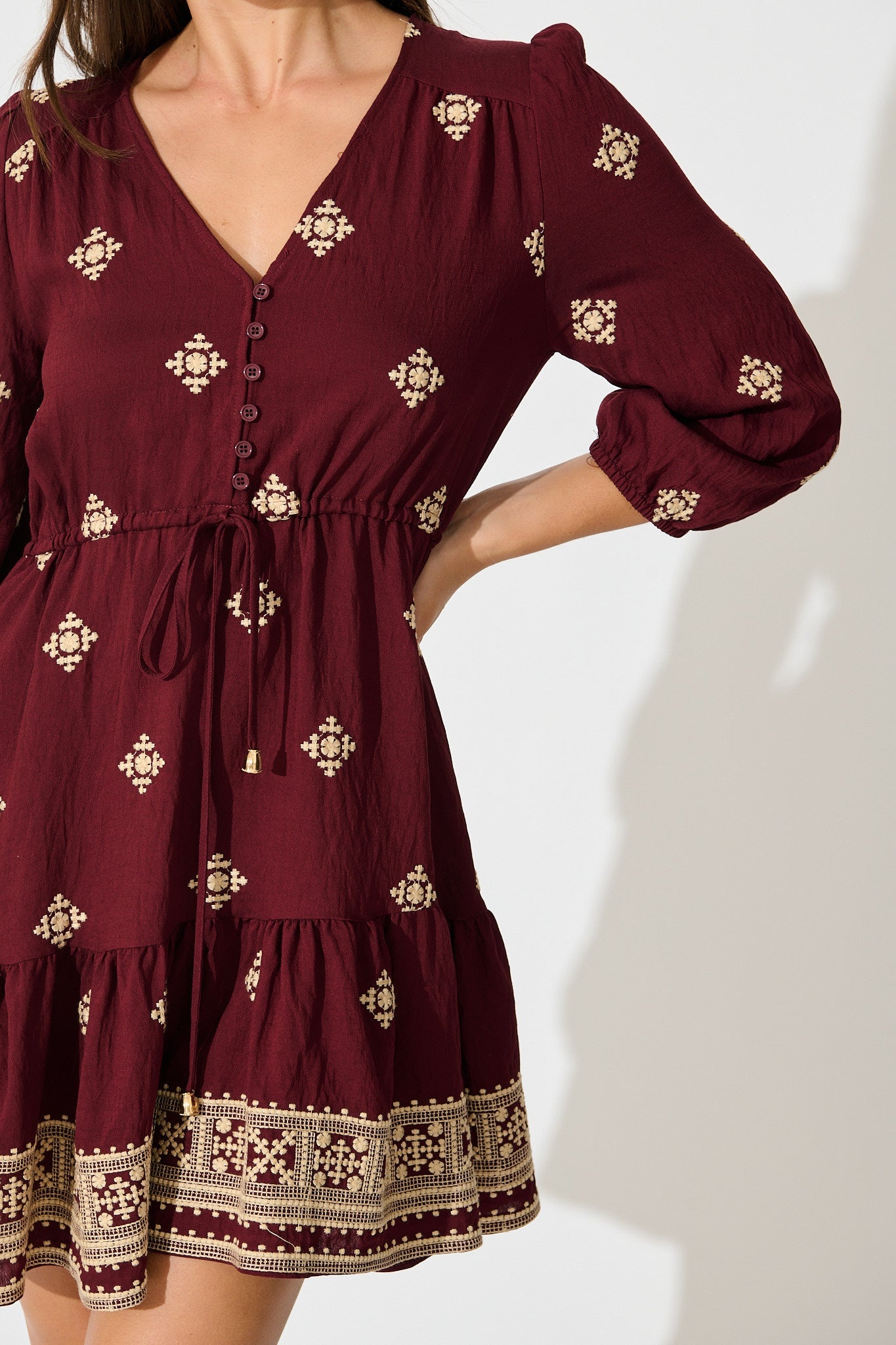 Byron Dress in Wine with Cream Embroidery