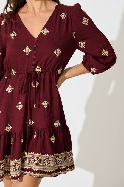 Byron Dress in Wine with Cream Embroidery