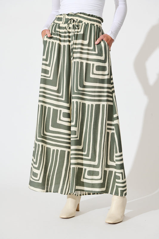 Goldie Pant in Cream and Green Geometric Print
