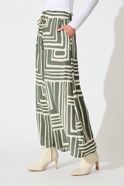 Goldie Pant in Cream and Green Geometric Print