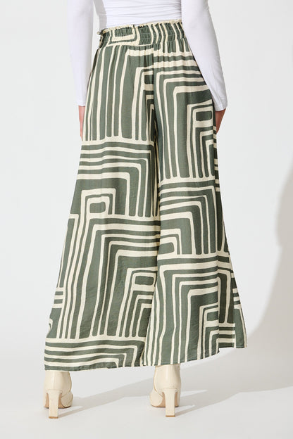 Goldie Pant in Cream and Green Geometric Print