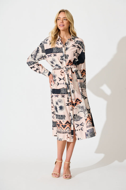Talia Midi Shirt Dress in Blush with Black Print