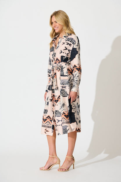 Talia Midi Shirt Dress in Blush with Black Print