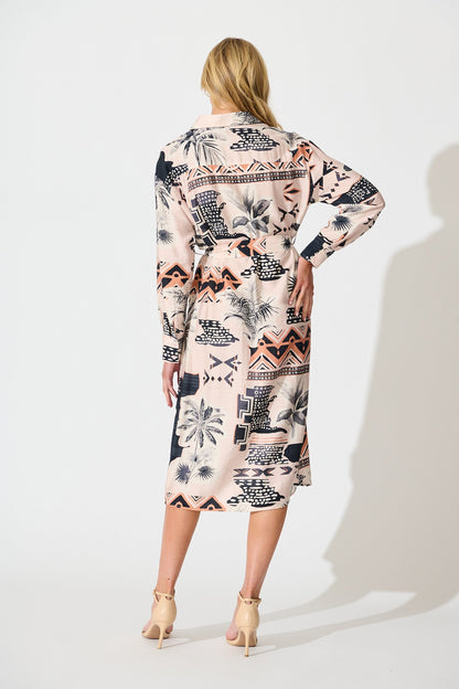 Talia Midi Shirt Dress in Blush with Black Print