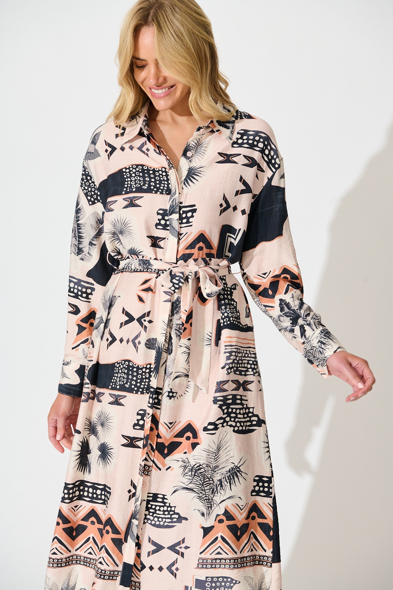 Talia Midi Shirt Dress in Blush with Black Print