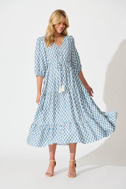 Carolyn Midi Dress in White with Blue Print