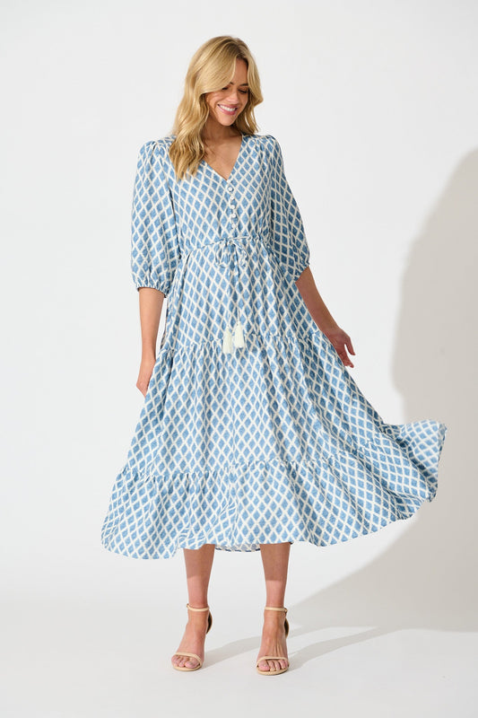Carolyn Midi Dress in White with Blue Print