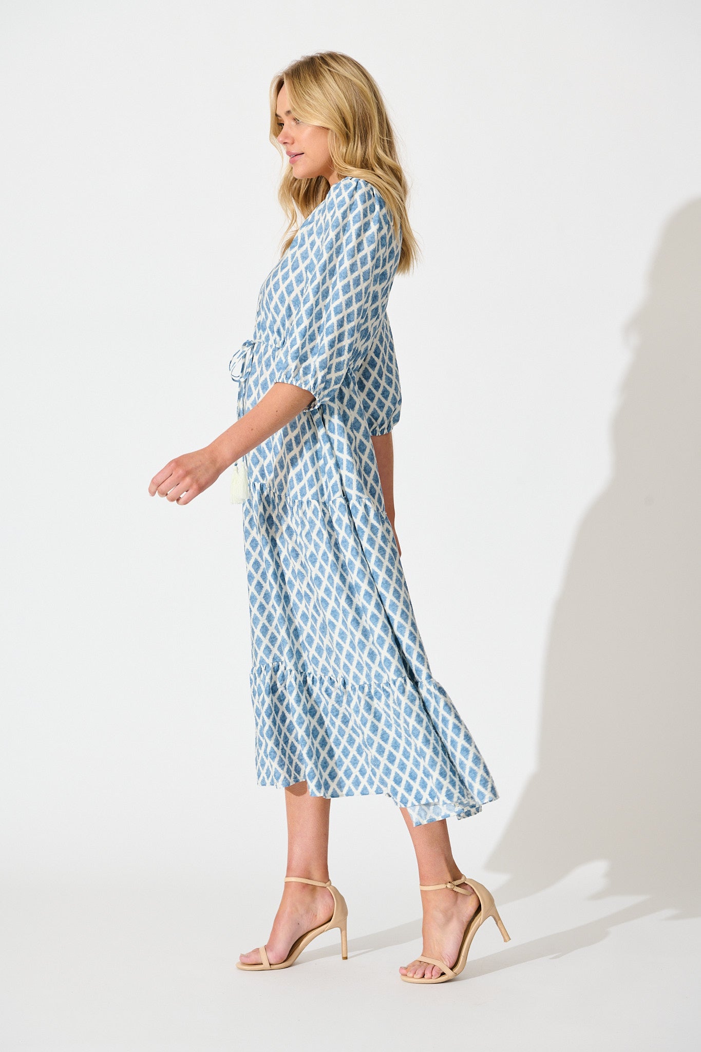 Carolyn Midi Dress in White with Blue Print