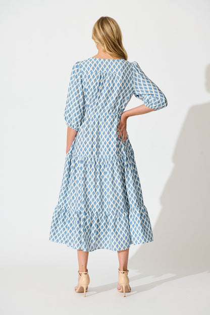 Carolyn Midi Dress in White with Blue Print