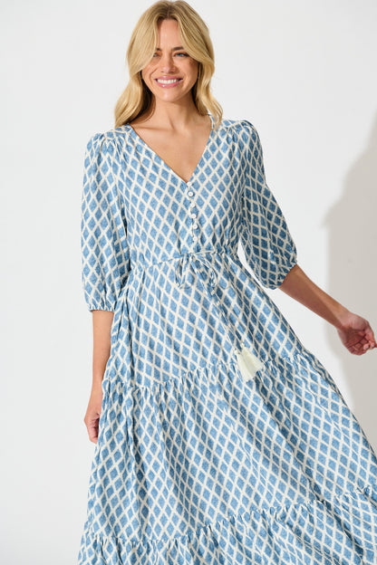Carolyn Midi Dress in White with Blue Print