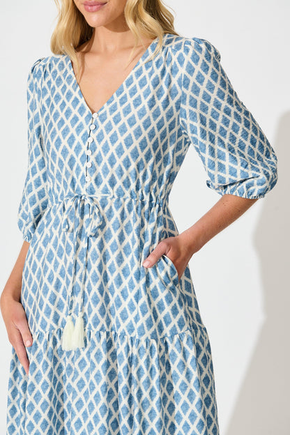 Carolyn Midi Dress in White with Blue Print