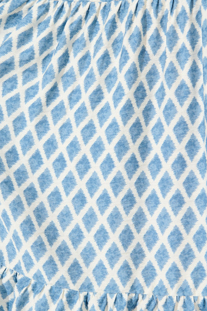 Carolyn Midi Dress in White with Blue Print