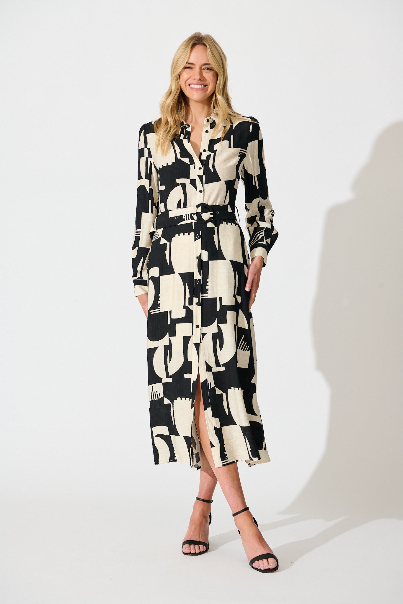Abbie Midi Shirt Dress in Cream and Black Geometric Print