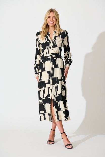 Abbie Midi Shirt Dress in Cream and Black Geometric Print