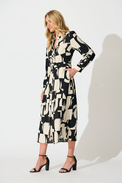 Abbie Midi Shirt Dress in Cream and Black Geometric Print