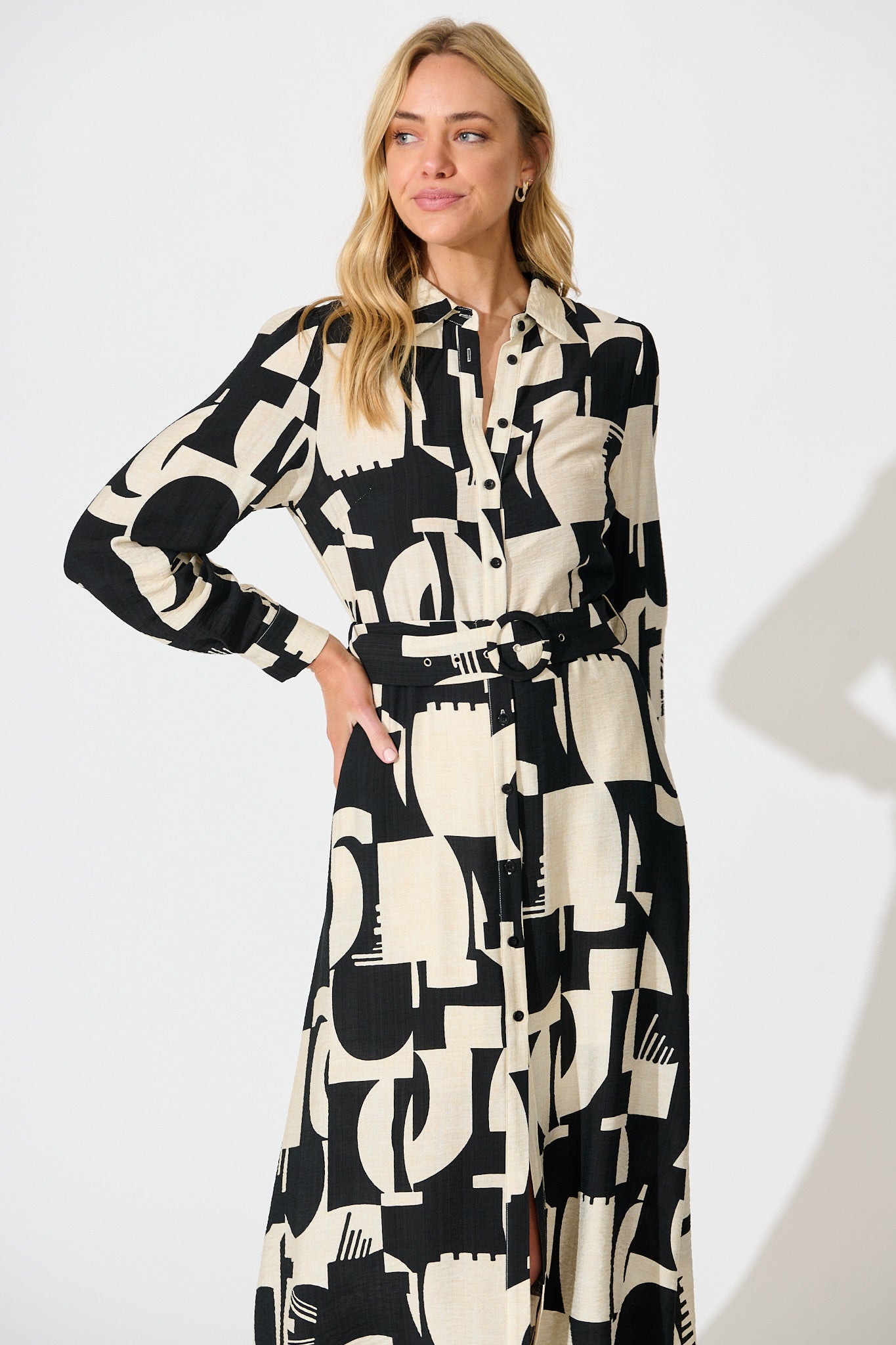 Abbie Midi Shirt Dress in Cream and Black Geometric Print