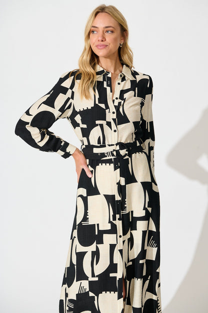 Abbie Midi Shirt Dress in Cream and Black Geometric Print
