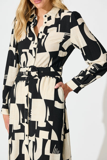 Abbie Midi Shirt Dress in Cream and Black Geometric Print