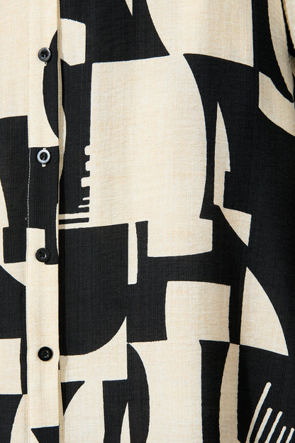 Abbie Midi Shirt Dress in Cream and Black Geometric Print