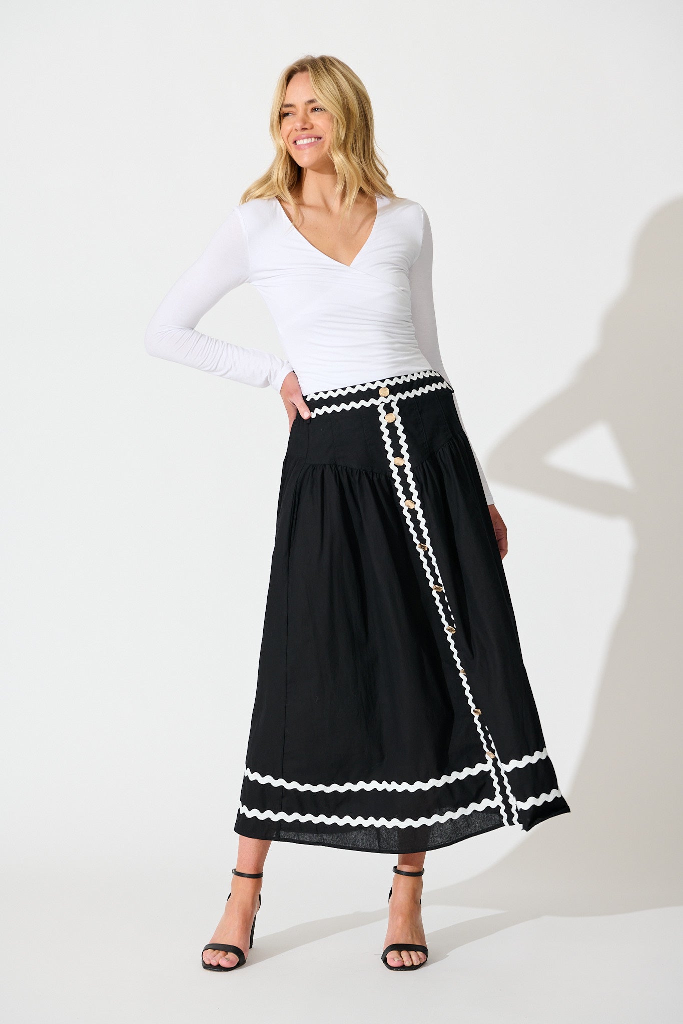 Desire Maxi Skirt in Black with White Ric Rac Trim Cotton