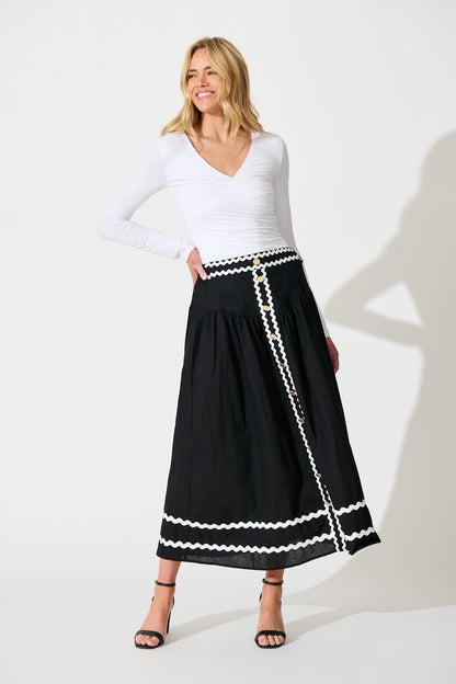 Desire Maxi Skirt in Black with White Ric Rac Trim Cotton