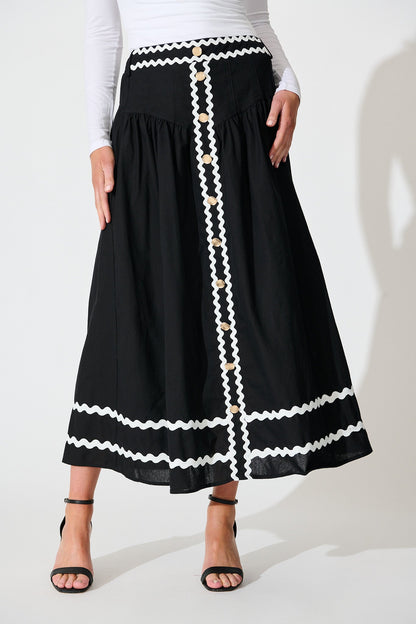Desire Maxi Skirt in Black with White Ric Rac Trim Cotton