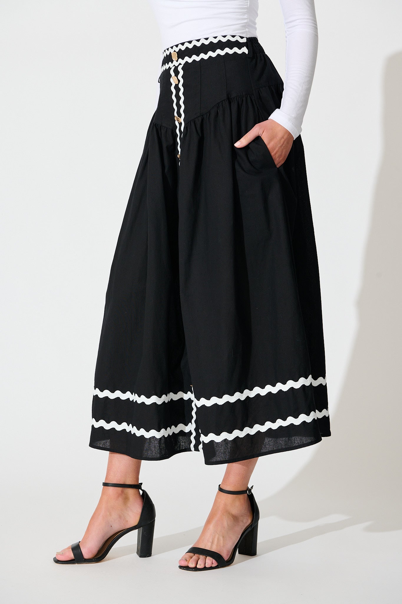 Desire Maxi Skirt in Black with White Ric Rac Trim Cotton