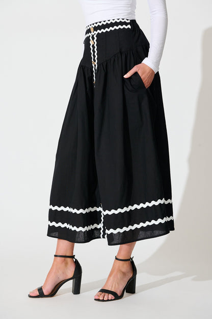 Desire Maxi Skirt in Black with White Ric Rac Trim Cotton