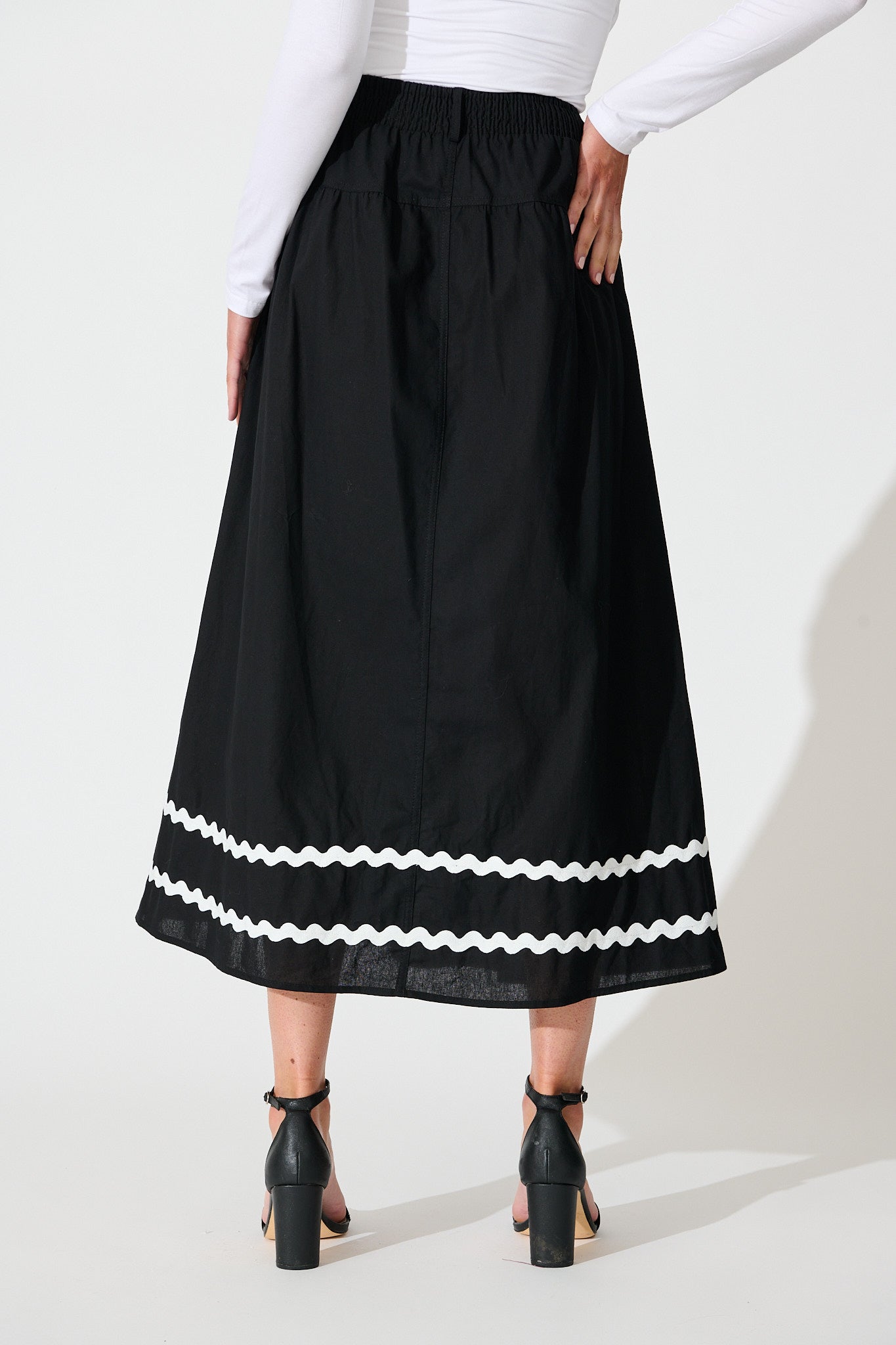 Desire Maxi Skirt in Black with White Ric Rac Trim Cotton