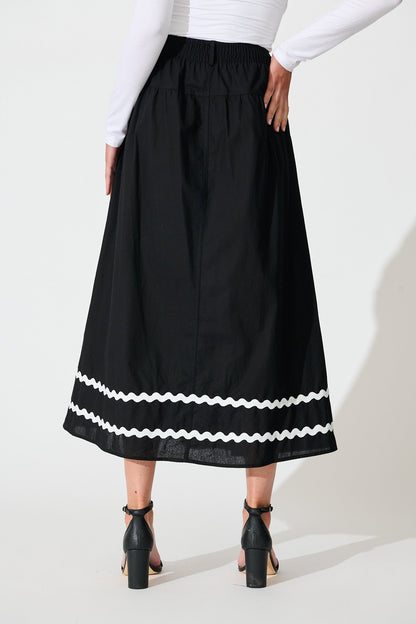 Desire Maxi Skirt in Black with White Ric Rac Trim Cotton