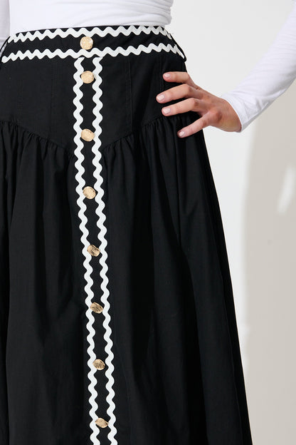 Desire Maxi Skirt in Black with White Ric Rac Trim Cotton
