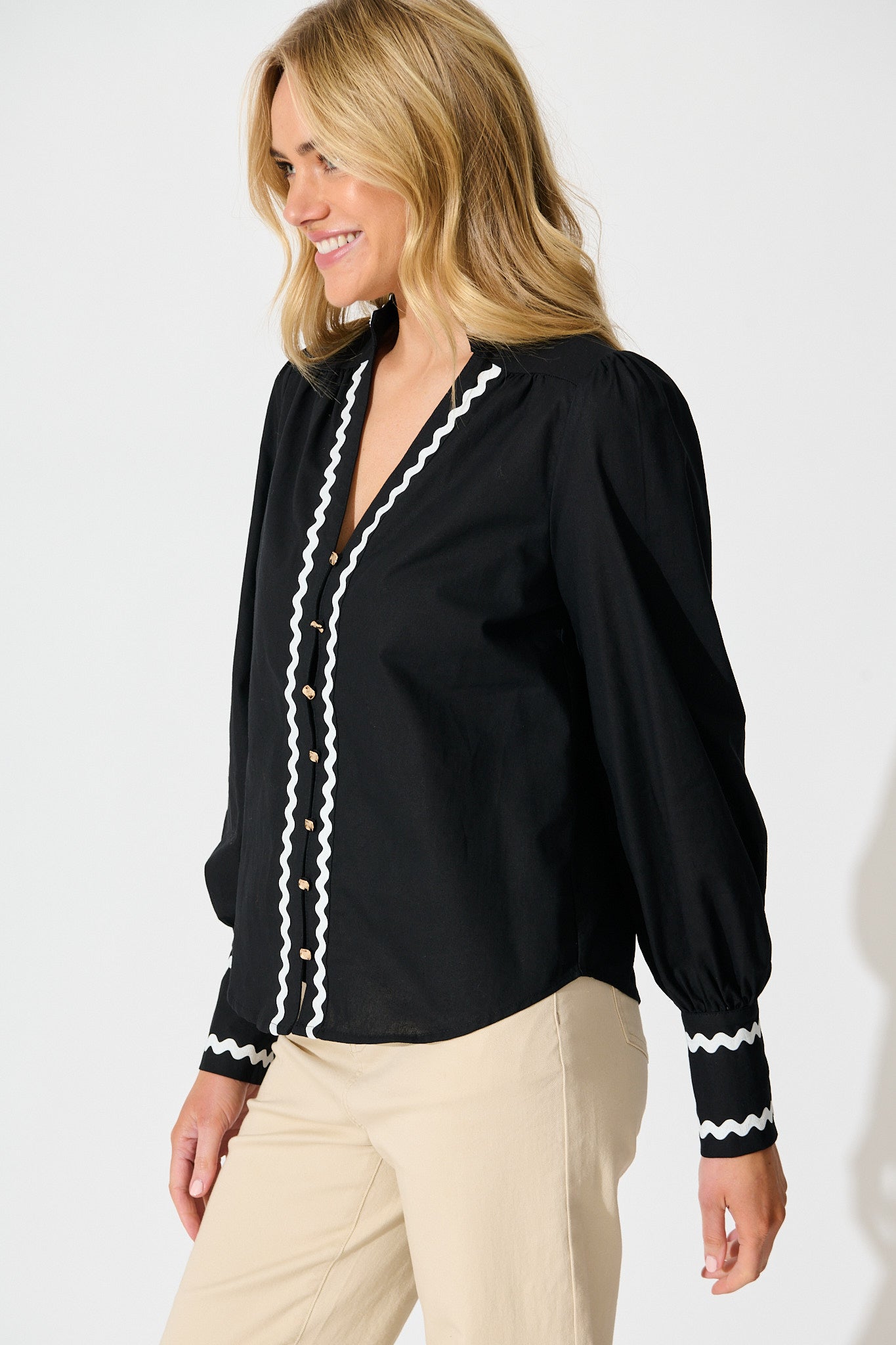 Ricki Top in Black with White Ric Rac Trim Cotton