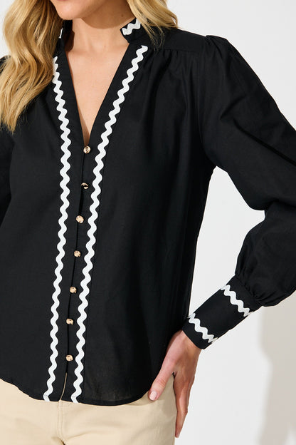 Ricki Top in Black with White Ric Rac Trim Cotton