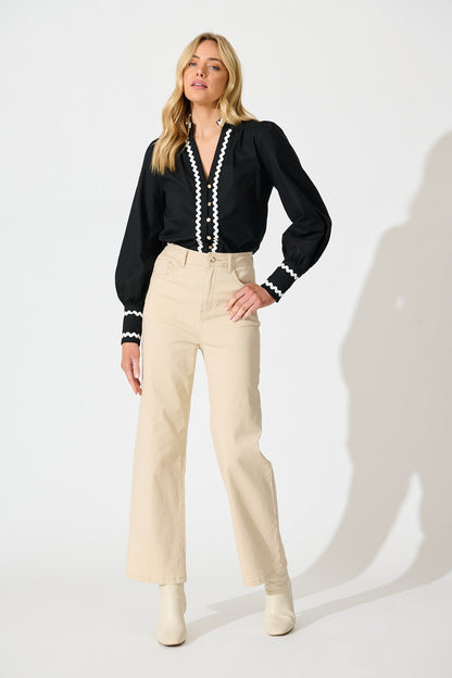 Ricki Top in Black with White Ric Rac Trim Cotton