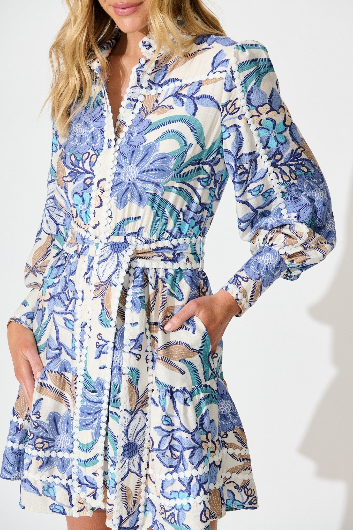 Liberty Dress in Blue Floral with Contrast Trim