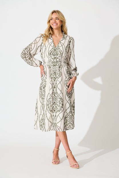 Erica Midi Shirt Dress in Cream with Green Linen Blend