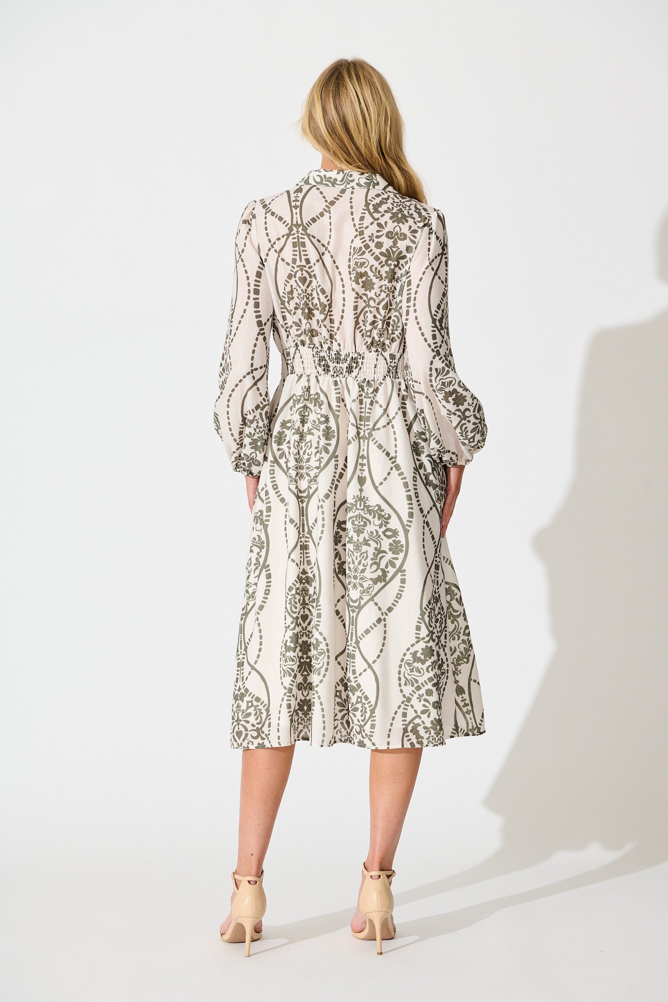 Erica Midi Shirt Dress in Cream with Green Linen Blend